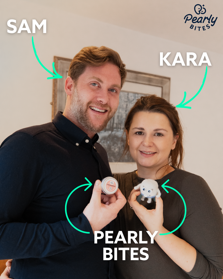 A smiling man and woman labeled SAM and KARA are holding Pearly Bites products in an indoor setting. The man holds a small round white container, and the woman holds a small white plush toy.