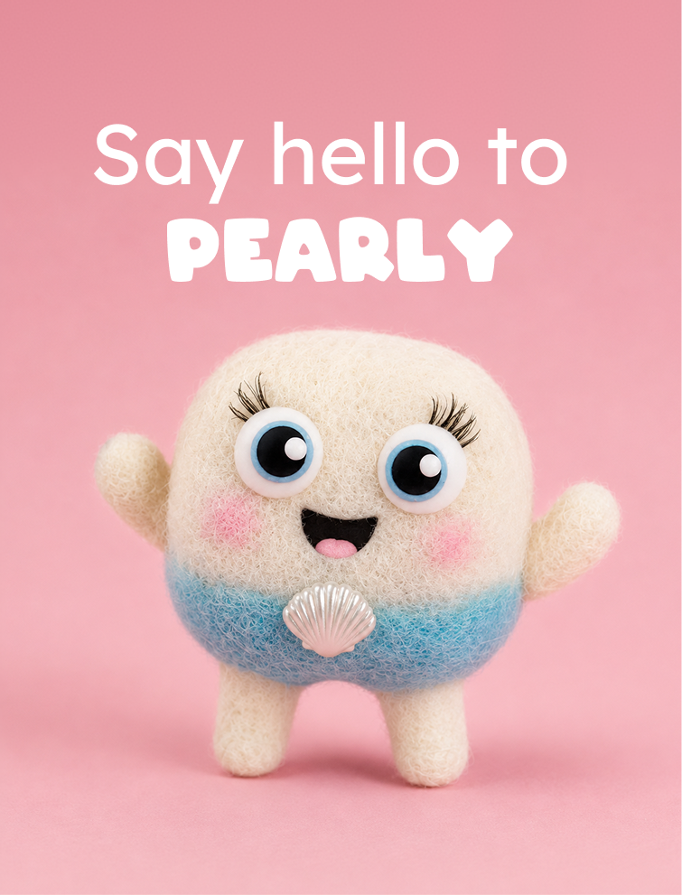 A cute, round, fuzzy plush character toy with large blue eyes, black eyelashes, pink cheeks, and a blue lower half with a small silver shell detail. The toy stands on a pink background with the text 'Say hello to PEARLY' written in white above it.