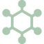 A pale mint green hexagonal molecular-style graphic with six circular nodes connected by lines on a solid black background.