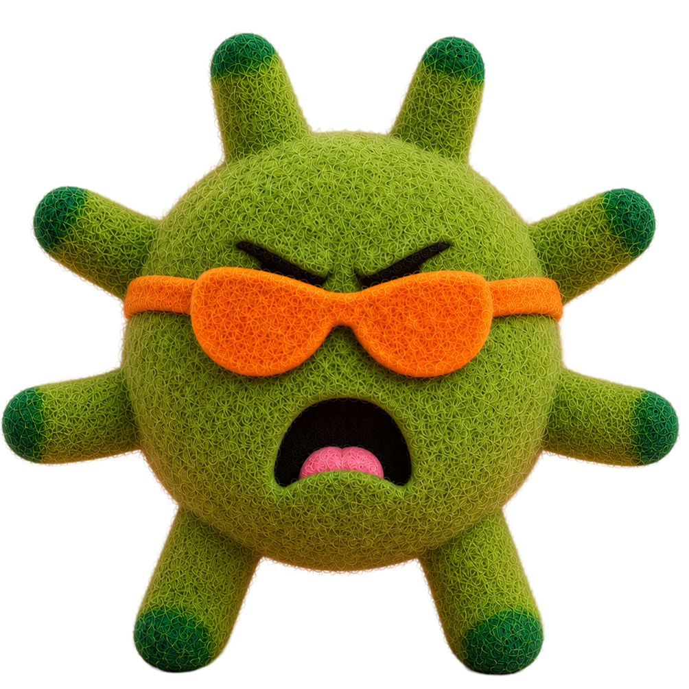 A green fuzzy cartoon creature plush toy with orange sunglasses, an angry expression, and dark green tips on its spiky arms and legs