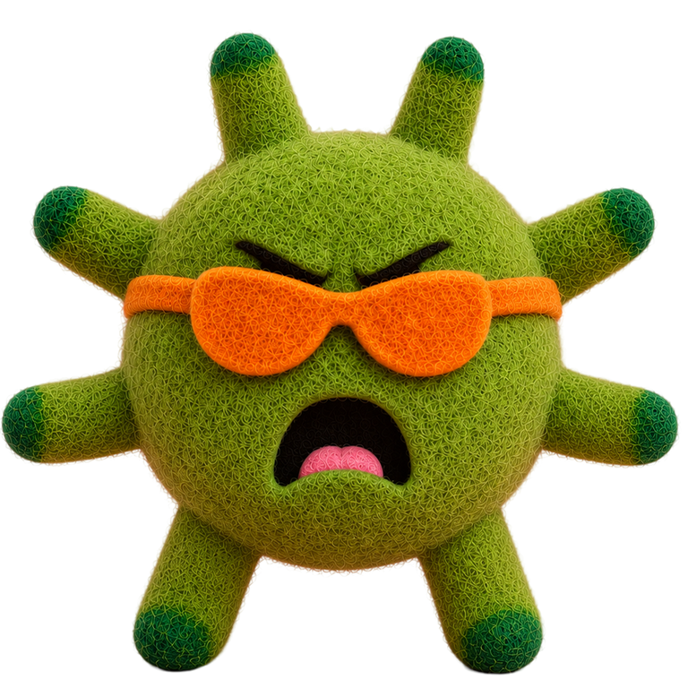 A green fuzzy cartoon creature plush toy with orange sunglasses, an angry expression, and dark green tips on its spiky arms and legs