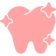 A pink cartoon tooth icon with three small white sparkle shapes around it on a light gray background.