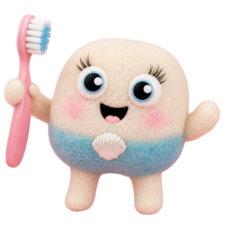 A cute cartoon toothbrush character with a round beige body, blue lower section, pink handle, and white-and-blue bristles, shown on a plain white background.