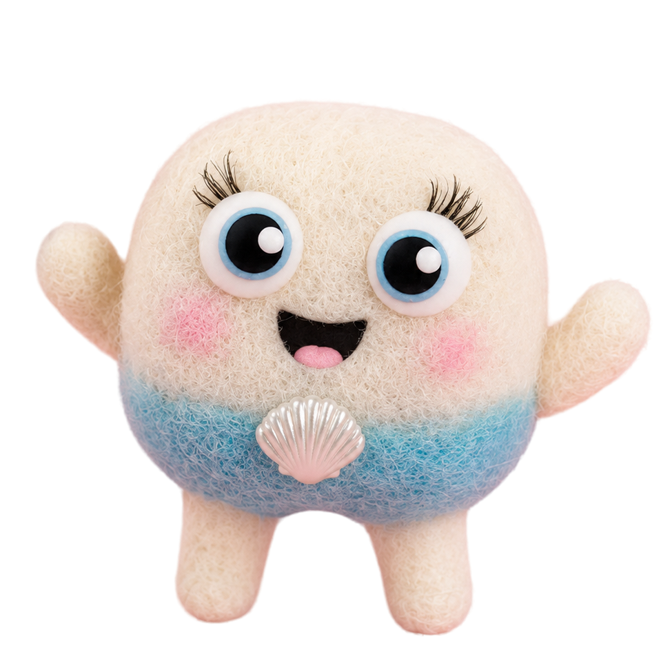 A cute, round felt plush toy with a beige body, blue gradient lower half, pink cheeks, and a silver seashell on its chest