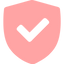 A pink shield icon with a white checkmark inside, centered on a white background.